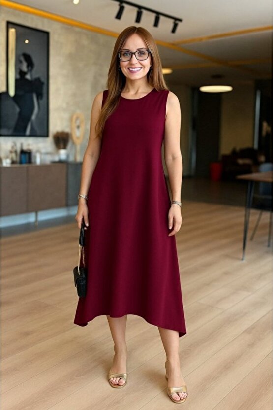 Gökyüzü Moda Kadın Askılı Yuvarlak Yakalı Asimetrik Kesim Detaylı Viskon Elbise