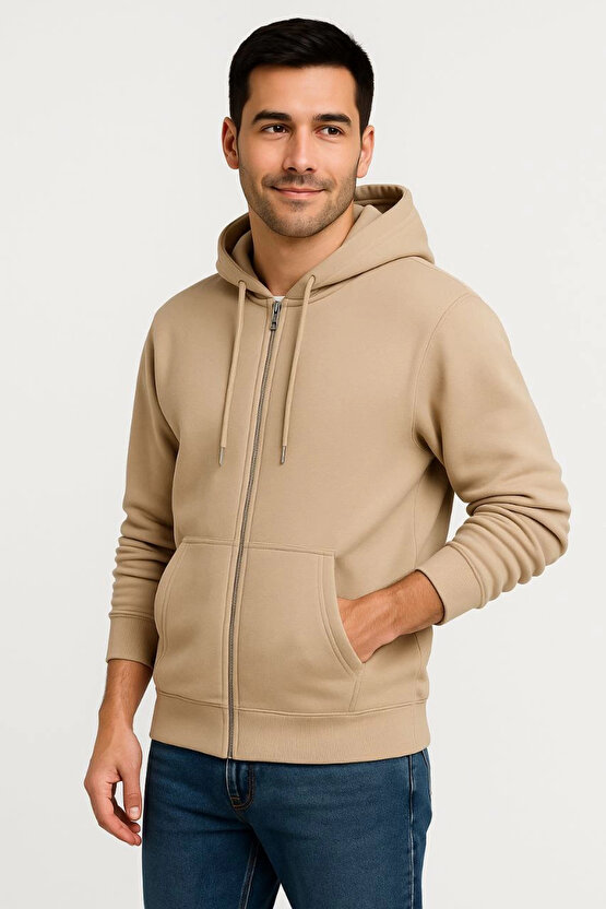 Erkek Üç İplik Kapüşonlu Tam Fermuarlı Kanguru Çepli SweatShirt Hoodie - Bej