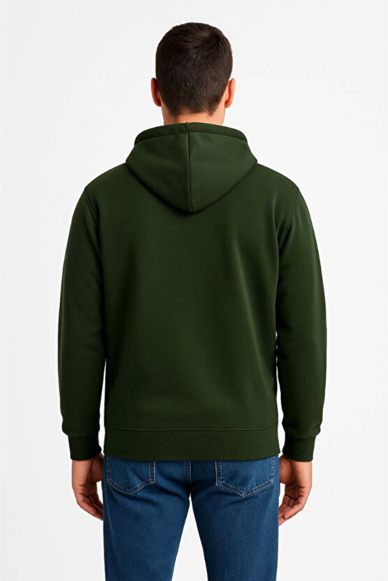 Erkek Üç İplik Kapüşonlu Tam Fermuarlı Kanguru Çepli SweatShirt Hoodie - Haki