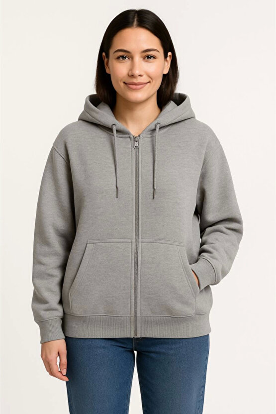 EQURİ Üç İplik Kapüşonlu Tam Fermuarlı Kanguru Çepli SweatShirt Hoodie - Gri