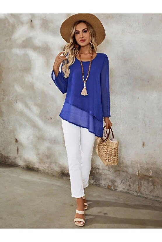 Kadın Uzun Kollu Yuvarlak Asimetrik Detaylı şifon Bluz
