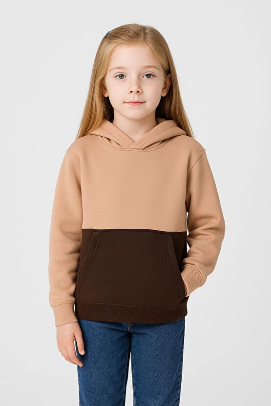 Kız Çocuk Kapüşonlu Kanguru Çepli Parçalı SweatShirt - Renkli