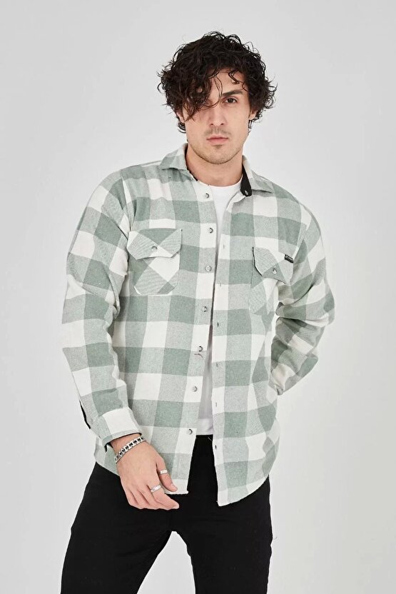Erkek Uzun Kollu Oduncu Gömlek - Mint yeşili