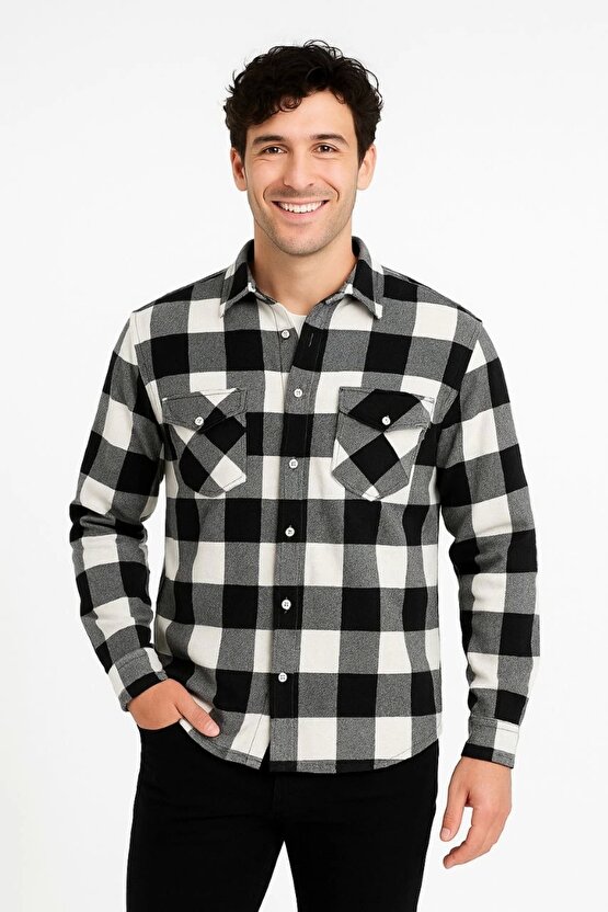 Erkek Oduncu Gömlek – Uzun Kollu, Şardonlu Kumaş, Kareli Desen, Regular Fit, Manşetli, Çift Cepli, R