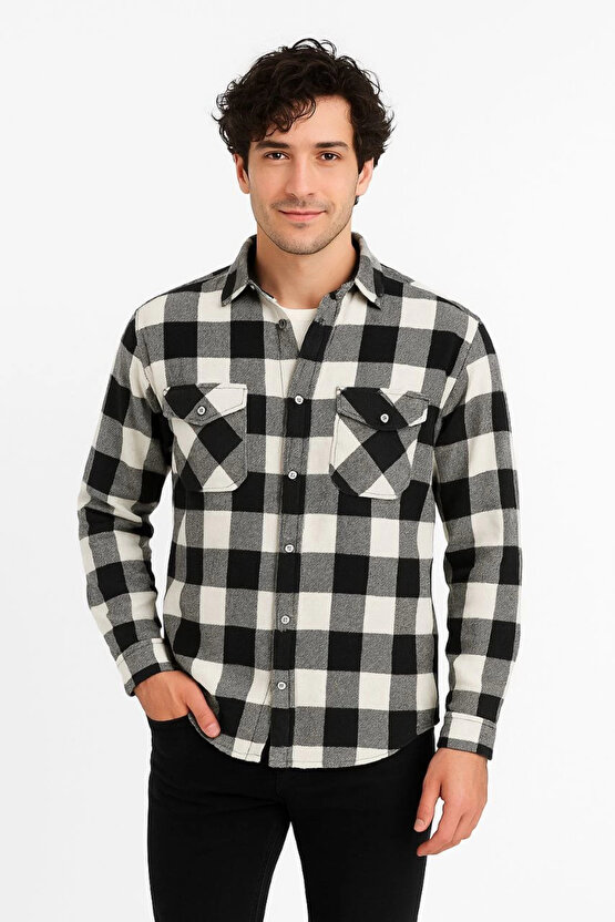 Erkek Oduncu Gömlek – Uzun Kollu, Şardonlu Kumaş, Kareli Desen, Regular Fit, Manşetli, Çift Cepli, R