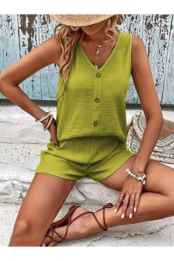 MDB Kadın Askılı Kolsuz V Yakalı önden Düğmeli Bürümcük Bluz Ve Short Ikili Takım