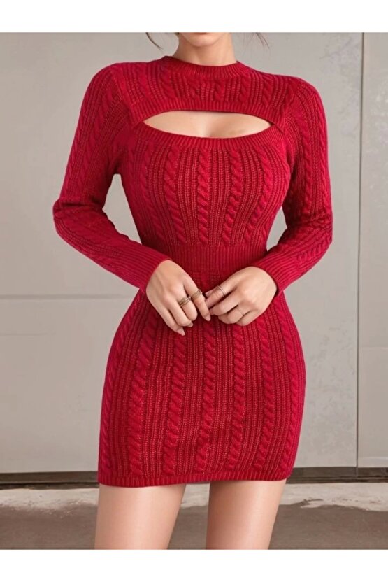 Kadın Uzun Kollu Yarı Balıkçı Yaka Pencere Göğüs Detay Mini Triko Elbise