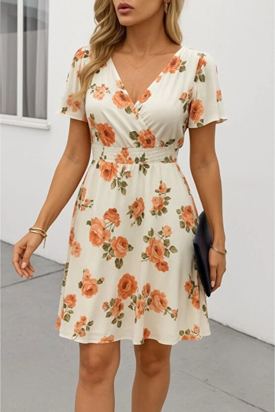 Kadın Kısa Kollu Kruvaze Yakalı Desenli Süprem Kısa Elbise