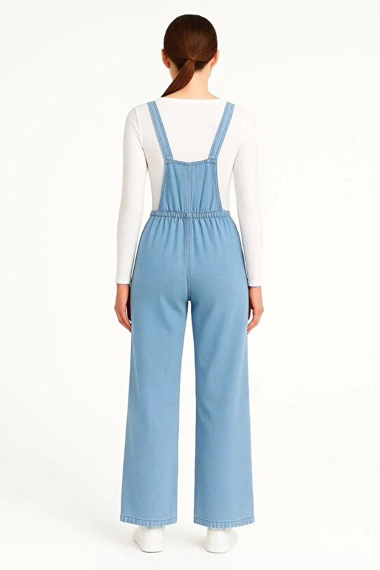 Velmora Premium Kadın Chambray Açık Mavi Denim Görünümlü Geniş Paça Salopet Tulum - Mavi