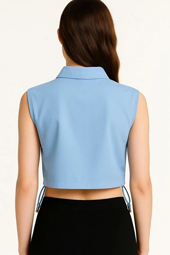 Kadın Crop Poplin Gömlek Yalancı Cepli, Ayarlanabilir Yan Kordonlu, - Bebe Mavisi