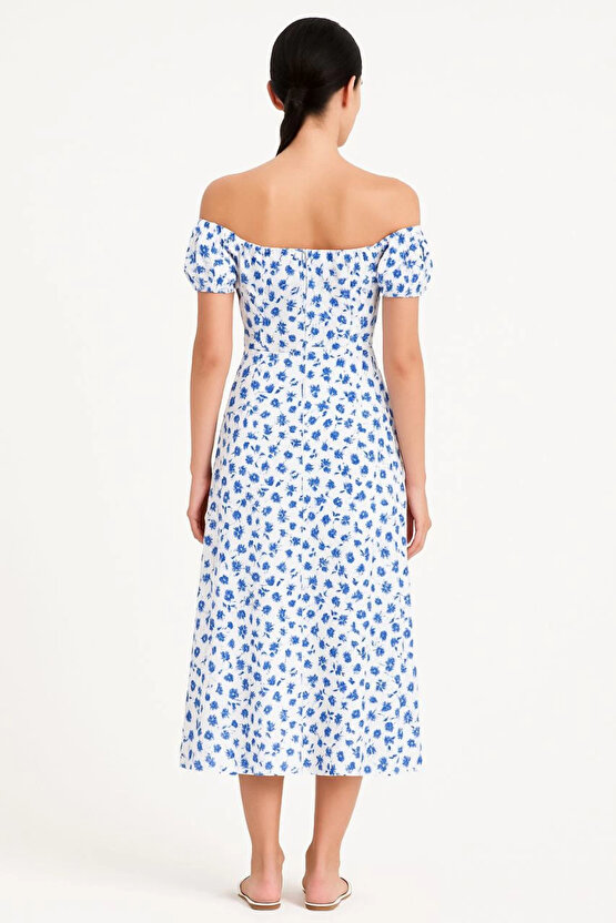 Bardot Omuzu Acık Çiçek Desenli Elbise - Desenli