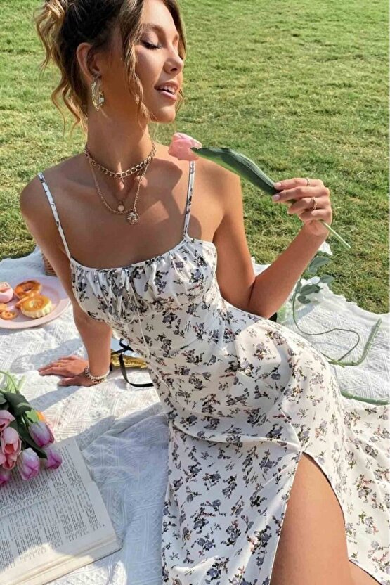 EQURİ Kadın Ip Askılı Yakadan Bağcıklı Desenli Süprem Elbise