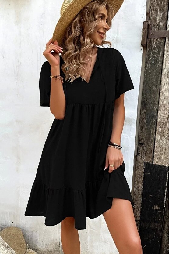 Kadın Kısa Kollu Yakası Bağcıklı önden Düğmeli Fırfır Desenli Süprem Elbise