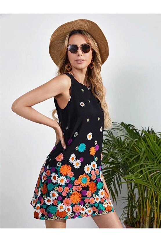 Kadın Sıfır Kollu Bisiklet Yaka çiçek Desenli Süprem Mini Elbise