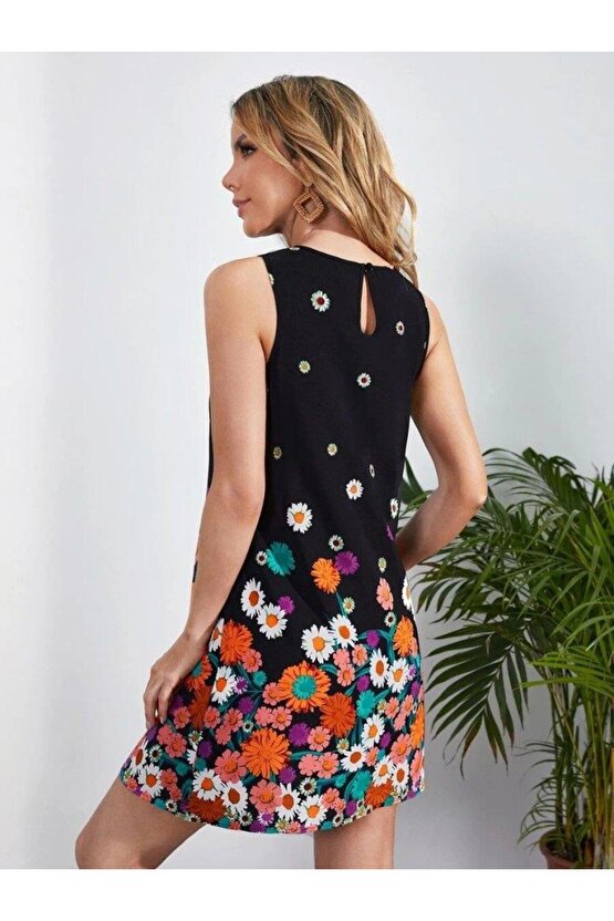Kadın Sıfır Kollu Bisiklet Yaka çiçek Desenli Süprem Mini Elbise