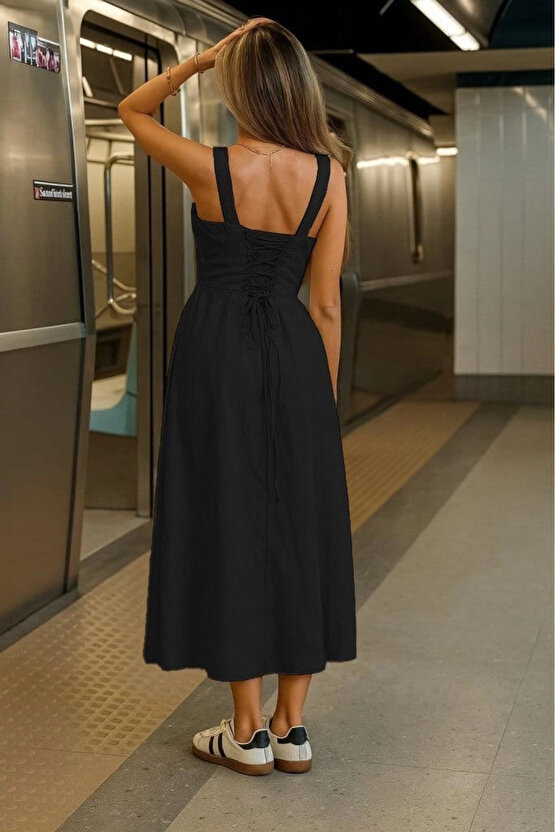 MDB Kadın Askılı Geniş V Yakalı Sırttan Bağlamalı Yırtmaçlı Süprem Elbise