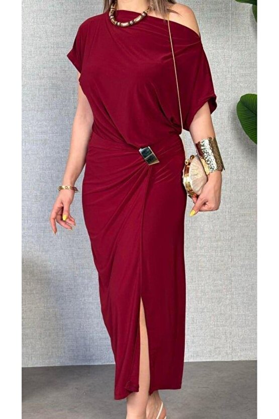 Kadın Kısa Kollu Tek Omuzdan Açık Beli Lastikli Sandy Maxi Elbise