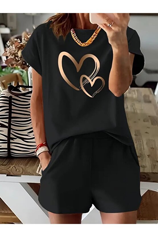 Edolika Kadın Kısa Kollu Bisiklet Yaka Viskon Iki Iplik Bluz Ve Short Ikili Takım