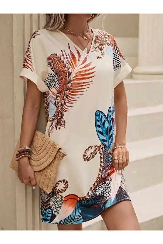 Kadın Kısa Kollu V Yakalı Desenli Mini Atlas Elbise