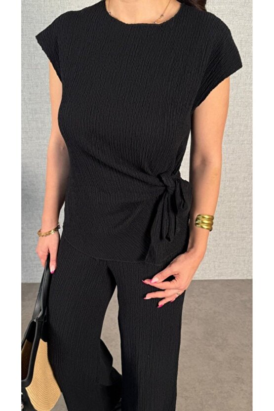 EQURİ Kadın Kısa Kollu Bisiklet Yaka Yandan Bağlamalı Bürümcük Bluz Ve Pantolon Ikili Takım