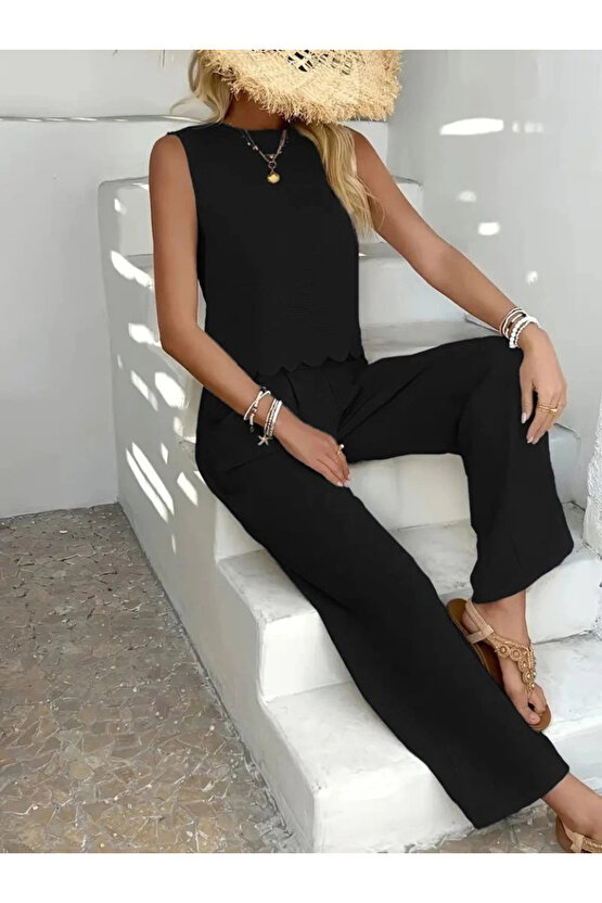 Kadın Sıfır Kollu Bisiklet Yaka Arkadan Bağlamalı Aer8bin Bluz Ve Pantolon Ikili Takım