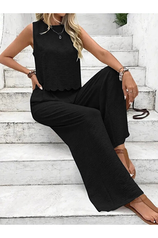 Kadın Sıfır Kollu Bisiklet Yaka Arkadan Bağlamalı Aer8bin Bluz Ve Pantolon Ikili Takım