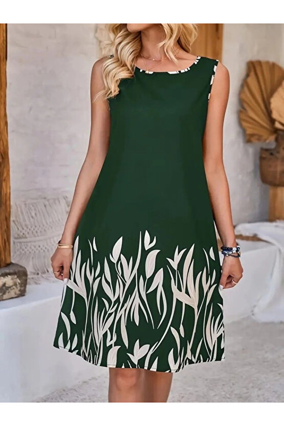 Kadın Askılı Yuvarlak Yakalı Yaprak Desenli Dalgıç Elbise