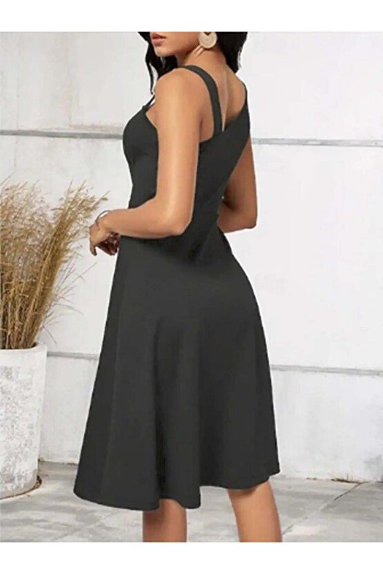 Kadın Tek Omuzu şerit Detaylı Kolsuz Yandan Düğme Detaylı Janjan Krep Elbise