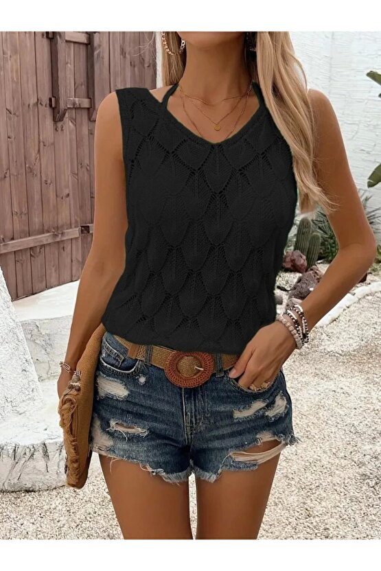 Kadın Askılı Yakalı Desenli Triko Bluz