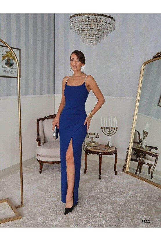 Kadın Omuz Askılı Derin Yırtmaç Detay Maxi Boy Elbise