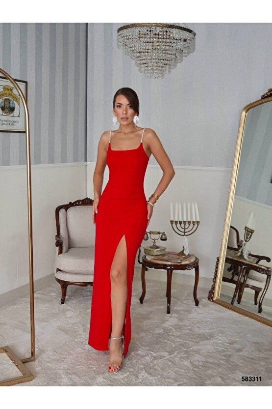 Edolika Kadın Omuz Askılı Derin Yırtmaç Detay Maxi Boy Elbise