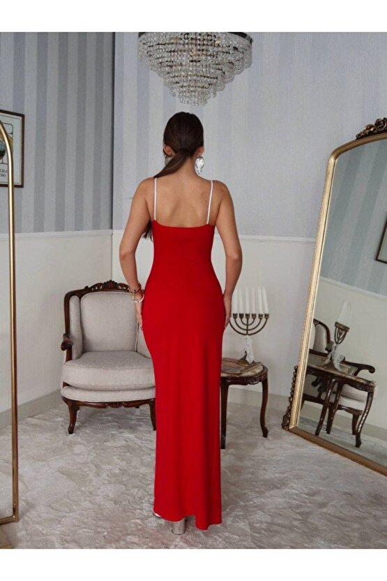 Edolika Kadın Omuz Askılı Derin Yırtmaç Detay Maxi Boy Elbise