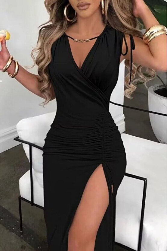 Kadın Sıfır Kollu V Yakalı Yırtmaç Detaylı Beli Büzgülü Omuzdan Bağcıklı Sandy Maxi E