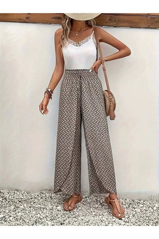Kadın Yüksek Bel Lastikli önden Iki Parçalı Desenli Bürümcük Pantolon