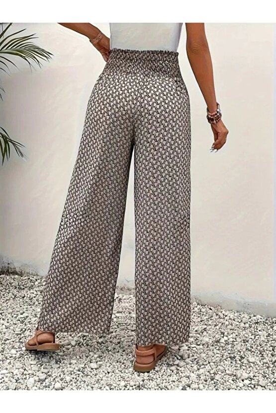 Kadın Yüksek Bel Lastikli önden Iki Parçalı Desenli Bürümcük Pantolon
