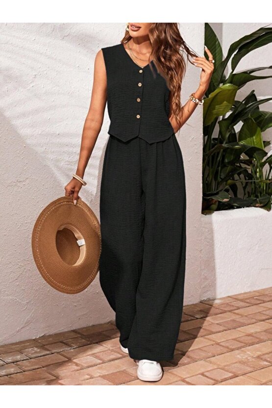 Kadın Sıfır Kollu Düğmeli Yelek Ve Pantolon Bürümcük Ikili Takım