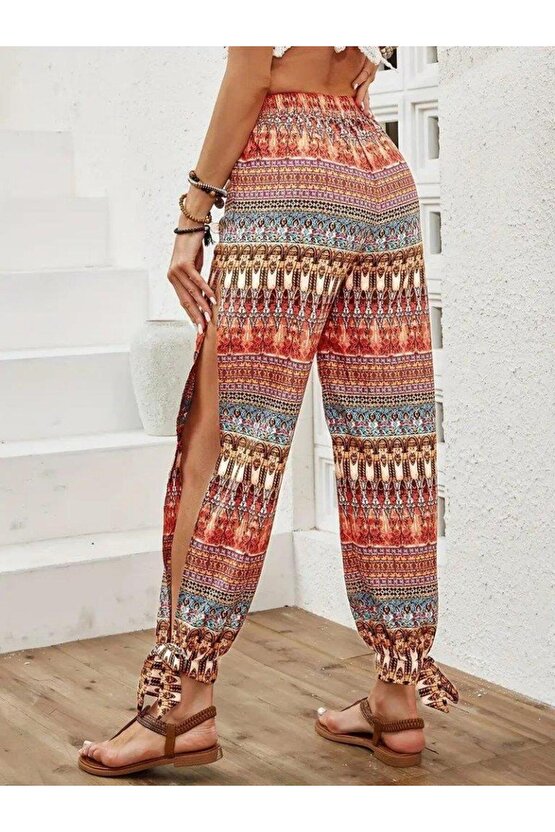 Kadın Yüksek Belli Yanlardan Yırtmaç Detaylı Desenli Bürümcük Pantolon