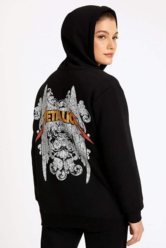 Metallica İki İplik Kapüşonlu Ön ve Arka Baskılı hoodie - Siyah