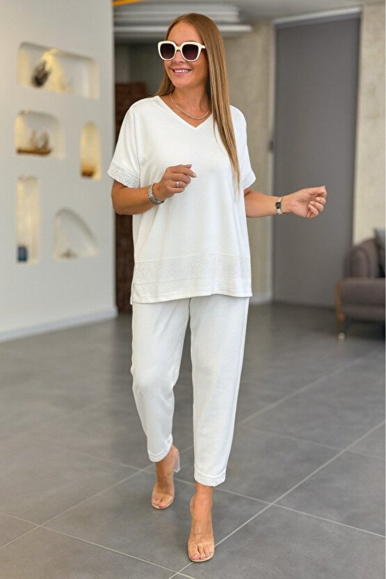 Edolika Kadın Kısa Kollu V Yakalı Pul Payetli Viskon Iki Iplik Bluz Ve Pantolon Ikili Takım
