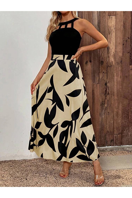 MDB Kadın Sıfır Kollu Yakadan şeritli Omuzlardan Açık Janjan Krep Desenli Al Dalgıç Maxi Elbise