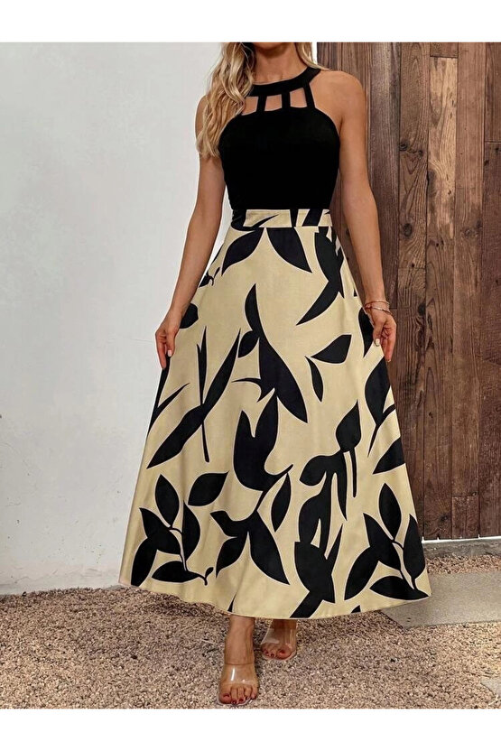 MDB Kadın Sıfır Kollu Yakadan şeritli Omuzlardan Açık Janjan Krep Desenli Al Dalgıç Maxi Elbise