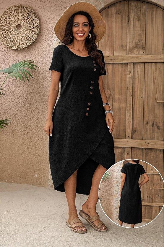 Kadın Kısa Kollu Bisiklet Yaka Düğme Detay Müslim Elbise
