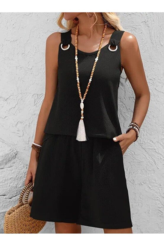 Kadın Askılı Yuvarlak Yaka Kuş Gözü Detaylı Bürümcük Bluz Ve Short Ikili Takım