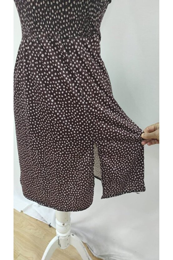 Kadın Askılı V Yakalı Beli Lastikli Yırtmaçlı Süprem Midi Elbise