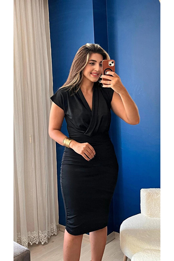 MDB Kadın Kısa Kollu Kruvaze Yaka Krep Elbise (Kemersiz)