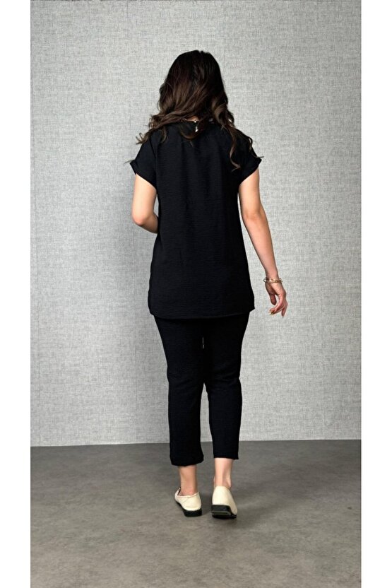 EQURİ Kadın Kısa Kollu Yuvarlak Yaka Aerobin Bluz Ve Pantolon Ikili Takım