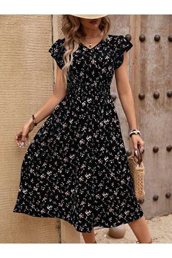 Kadın Kısa Kollu V Yakalı Beli Lastikli çiçek Desenli Süprem Elbise