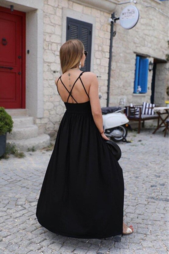 Kadın Sırttan çapraz Bağcıklı Yırtmaçlı Cepli Viskon Elbise