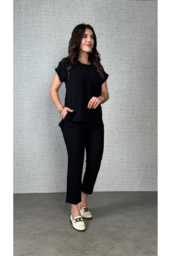 EQURİ Kadın Kısa Kollu Yuvarlak Yaka Aerobin Bluz Ve Pantolon Ikili Takım