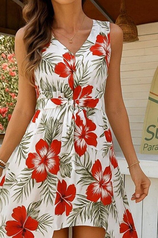 Kadın Kolsuz V Yakalı Desenli Süprem Tulum Elbise